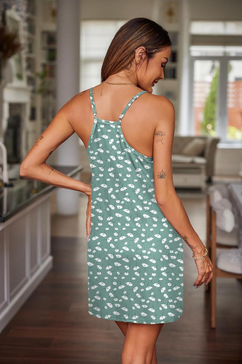imageEkouaer Nightgowns for Women Cotton Sleepwear Sexy Sleep Shirt Adjustable Spaghetti Strap Night Gowns with Pockets S3XLGreen White Flower