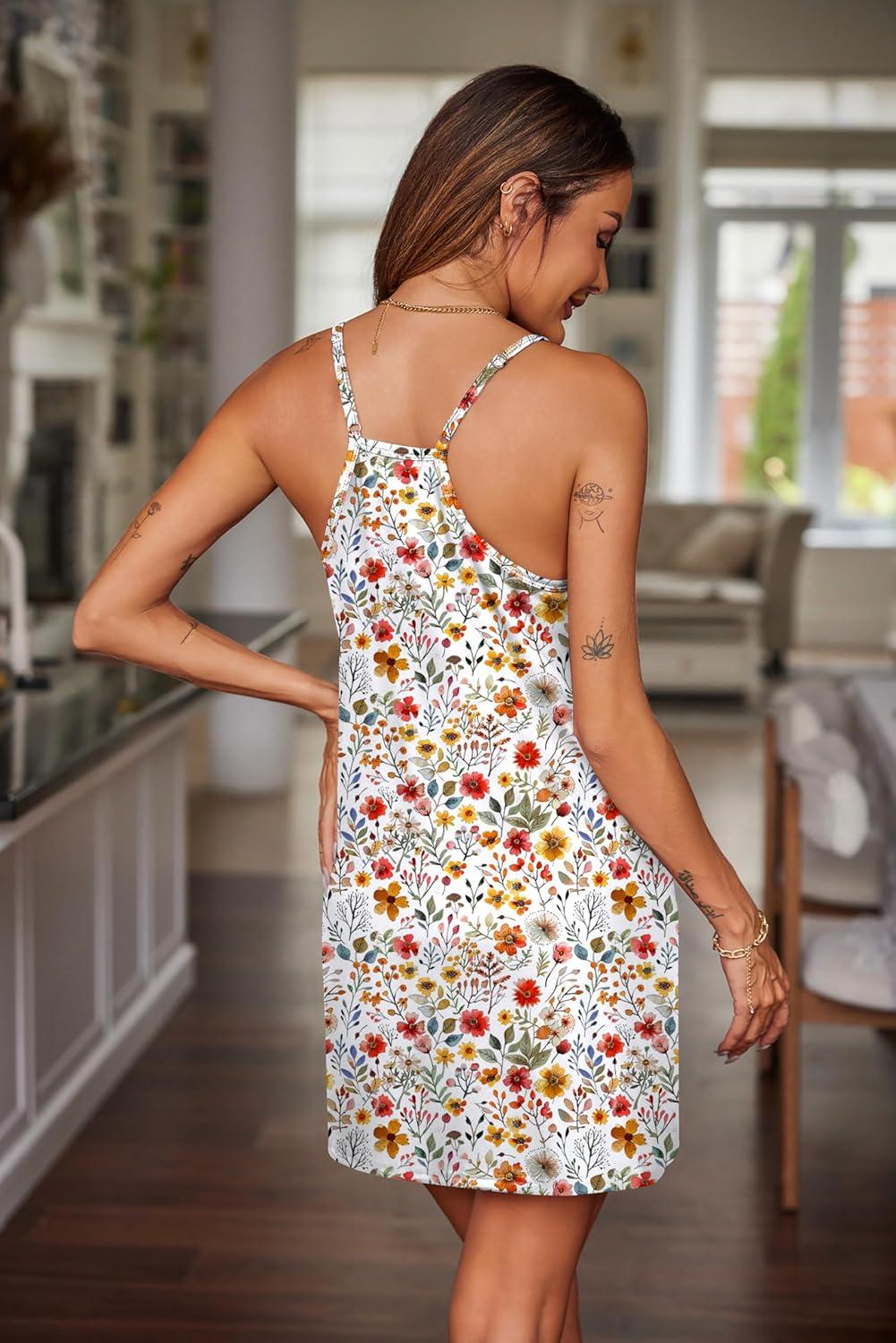 imageEkouaer Nightgowns for Women Cotton Sleepwear Sexy Sleep Shirt Adjustable Spaghetti Strap Night Gowns with Pockets S3XLLeaves and Flowers