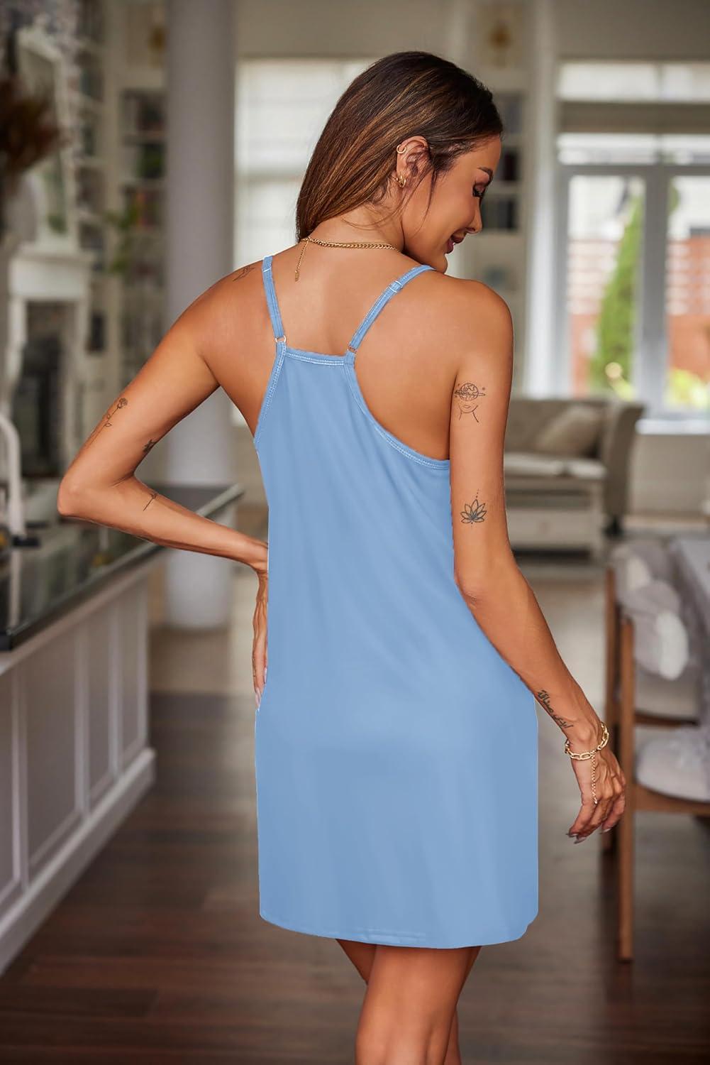 imageEkouaer Nightgowns for Women Cotton Sleepwear Sexy Sleep Shirt Adjustable Spaghetti Strap Night Gowns with Pockets S3XLLight Blue