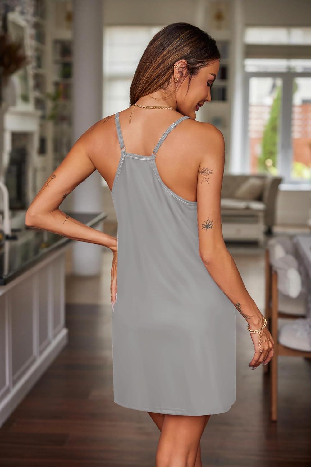imageEkouaer Nightgowns for Women Cotton Sleepwear Sexy Sleep Shirt Adjustable Spaghetti Strap Night Gowns with Pockets S3XLLight Grey