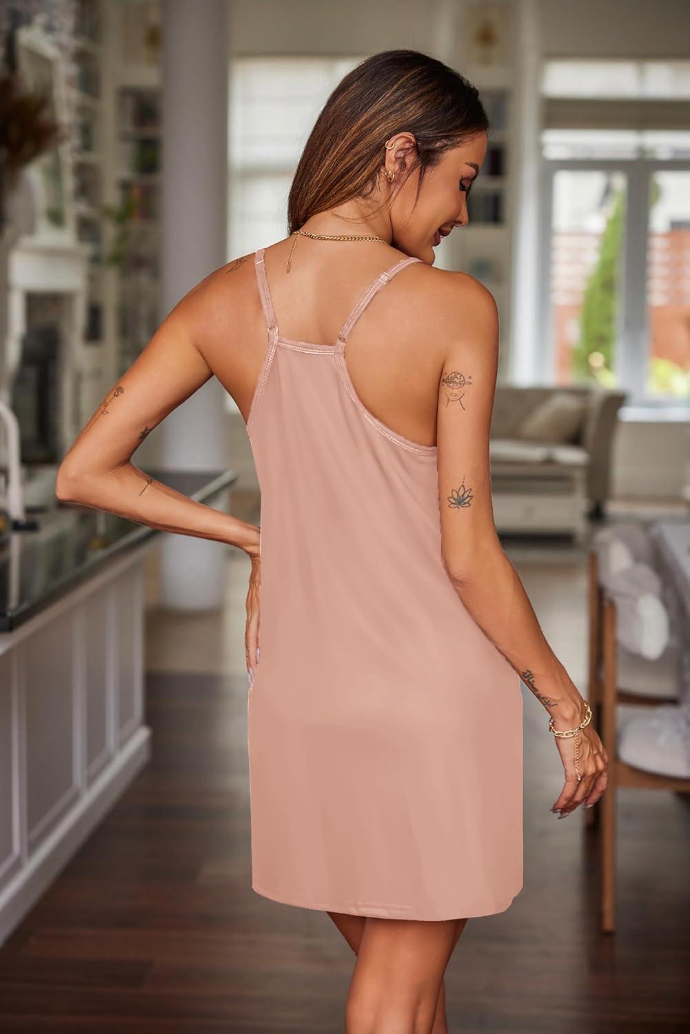 imageEkouaer Nightgowns for Women Cotton Sleepwear Sexy Sleep Shirt Adjustable Spaghetti Strap Night Gowns with Pockets S3XLLight Pink