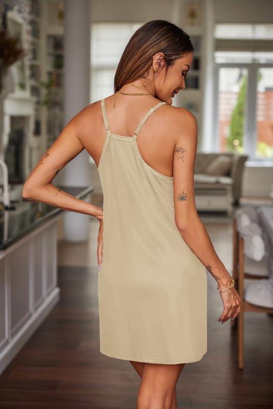 imageEkouaer Nightgowns for Women Cotton Sleepwear Sexy Sleep Shirt Adjustable Spaghetti Strap Night Gowns with Pockets S3XLLight Yellow