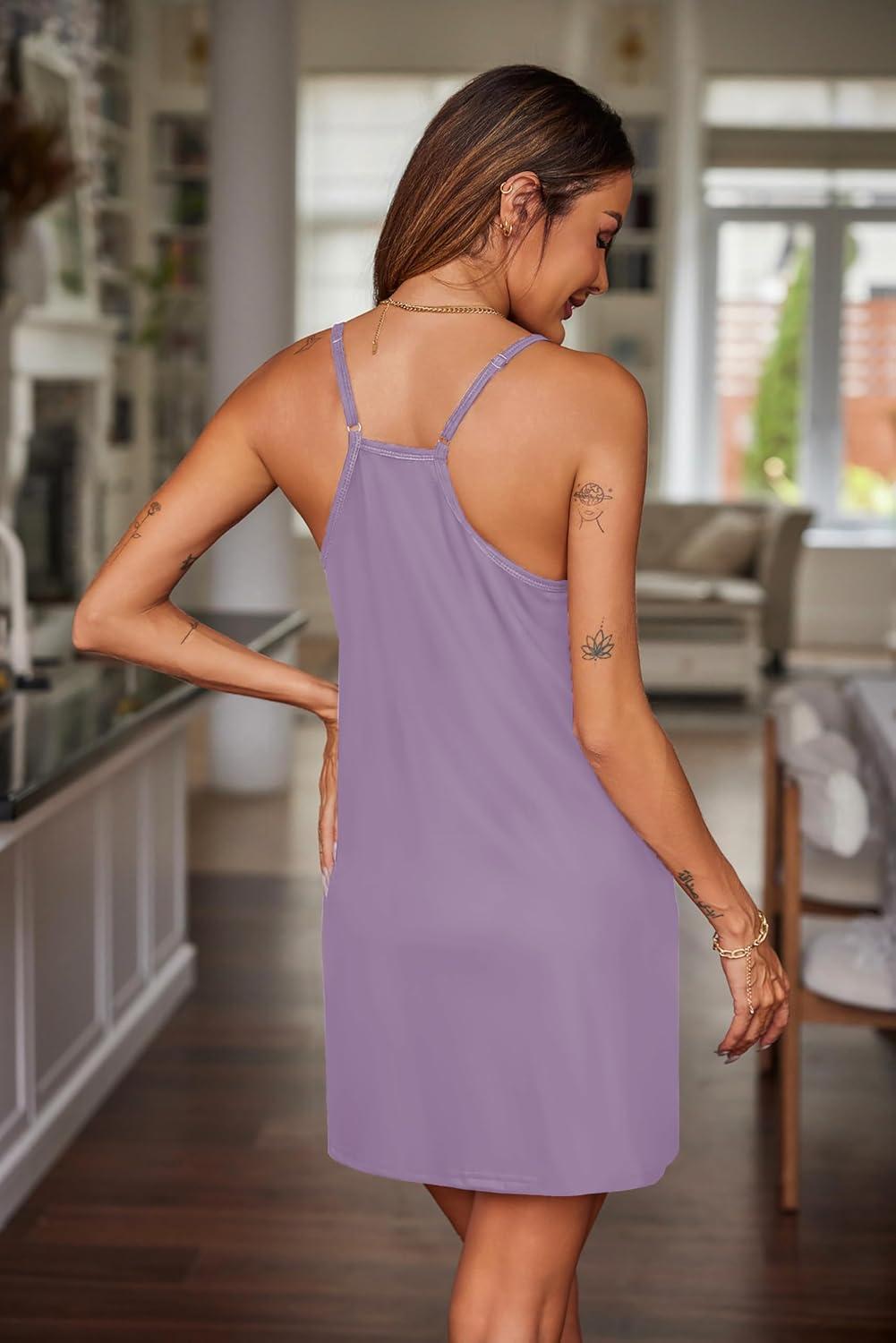 imageEkouaer Nightgowns for Women Cotton Sleepwear Sexy Sleep Shirt Adjustable Spaghetti Strap Night Gowns with Pockets S3XLLilac