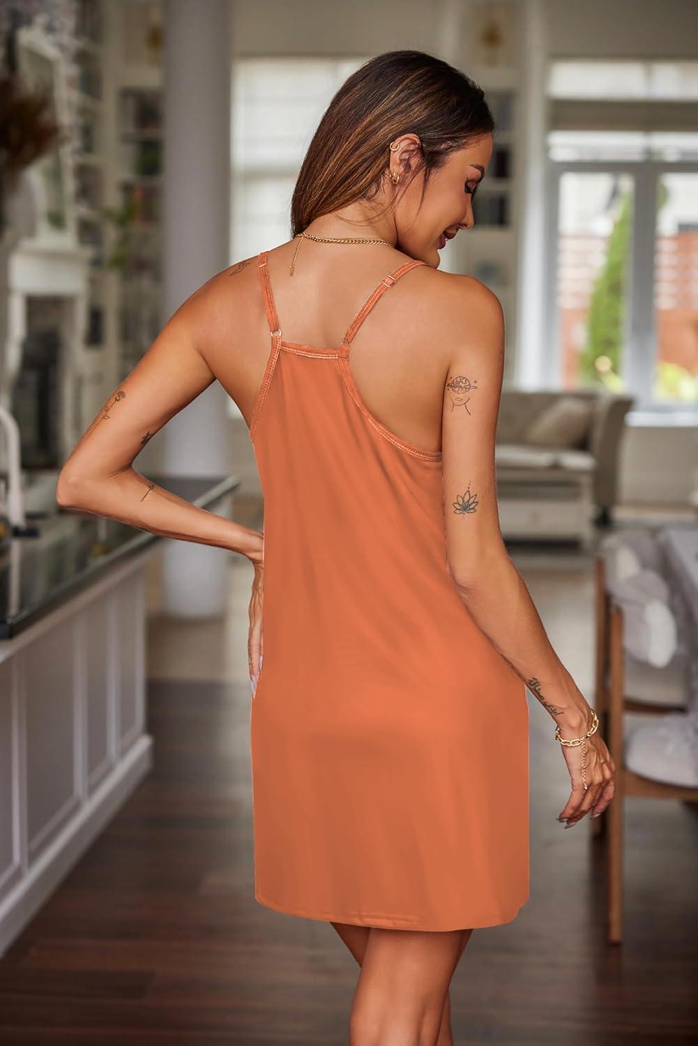 imageEkouaer Nightgowns for Women Cotton Sleepwear Sexy Sleep Shirt Adjustable Spaghetti Strap Night Gowns with Pockets S3XLOrange