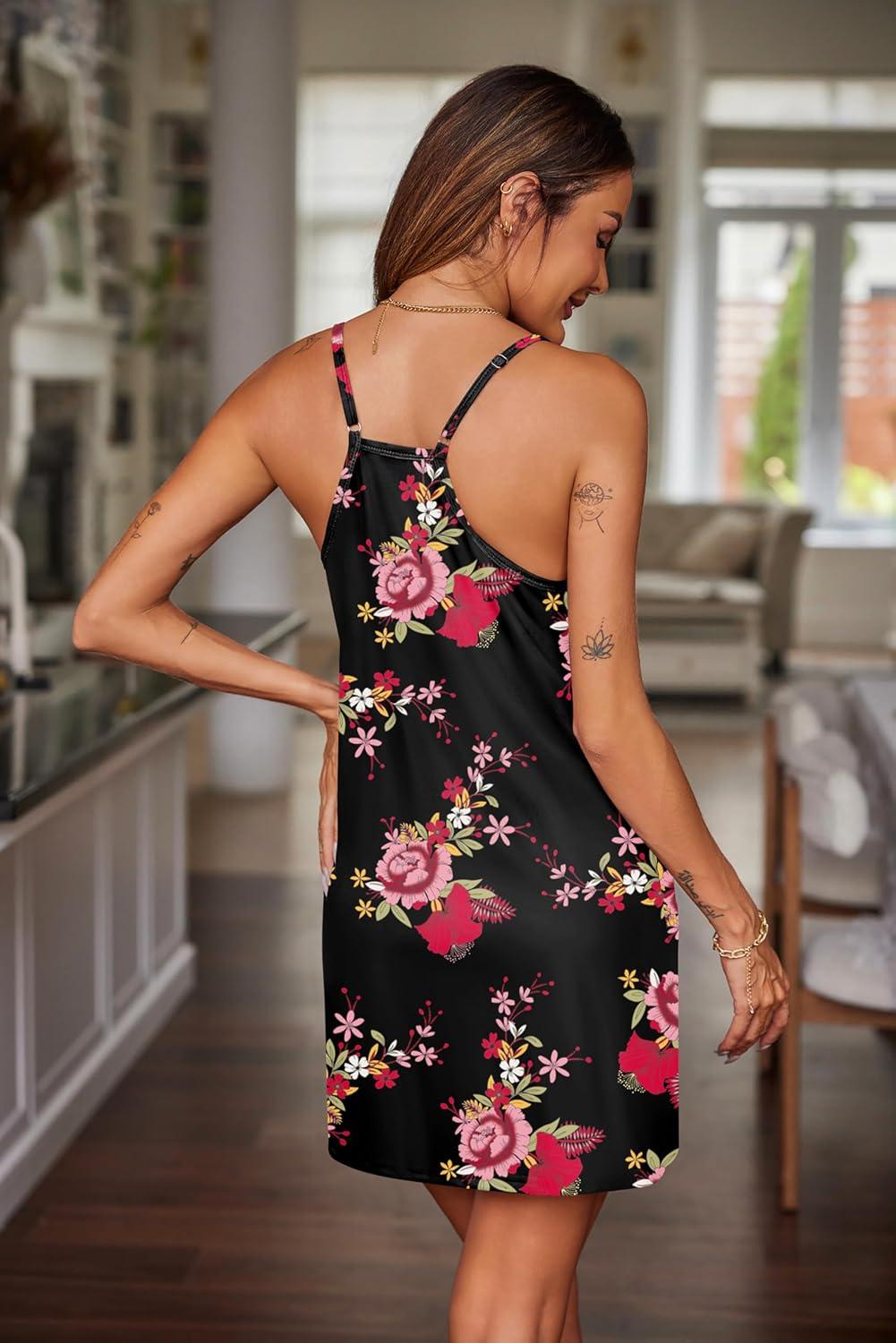 imageEkouaer Nightgowns for Women Cotton Sleepwear Sexy Sleep Shirt Adjustable Spaghetti Strap Night Gowns with Pockets S3XLPink Flower