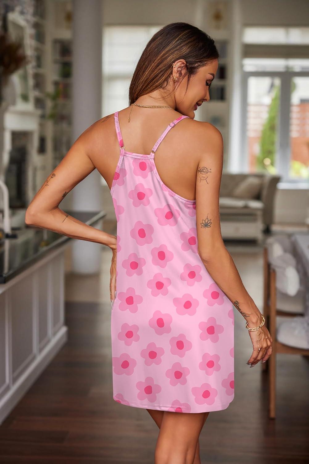 imageEkouaer Nightgowns for Women Cotton Sleepwear Sexy Sleep Shirt Adjustable Spaghetti Strap Night Gowns with Pockets S3XLPink Flowers