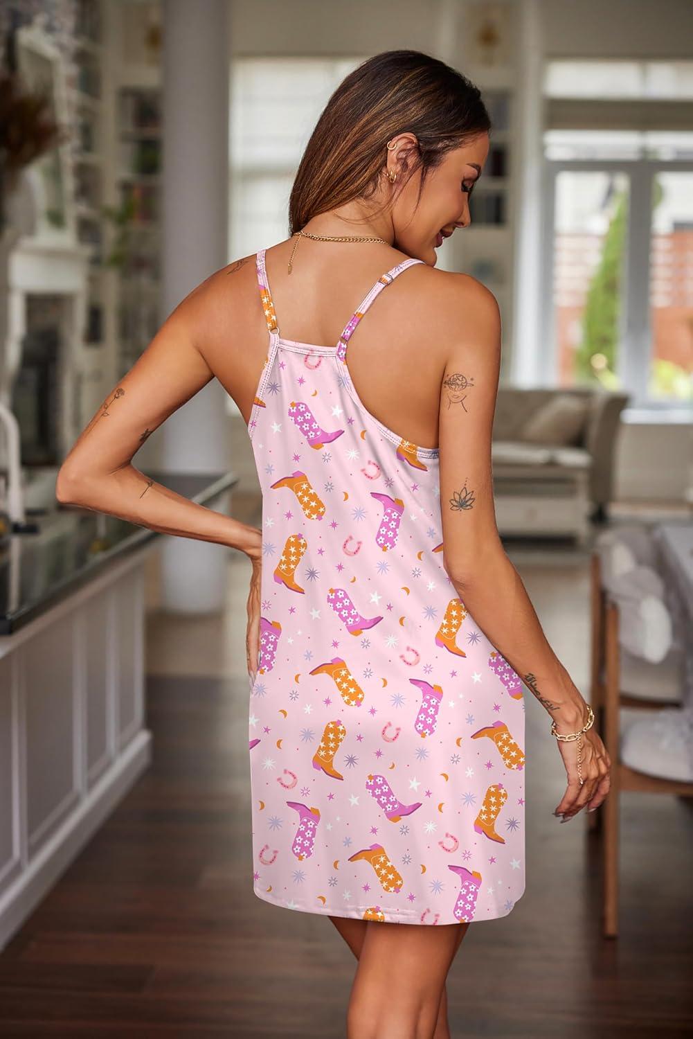 imageEkouaer Nightgowns for Women Cotton Sleepwear Sexy Sleep Shirt Adjustable Spaghetti Strap Night Gowns with Pockets S3XLPink Star