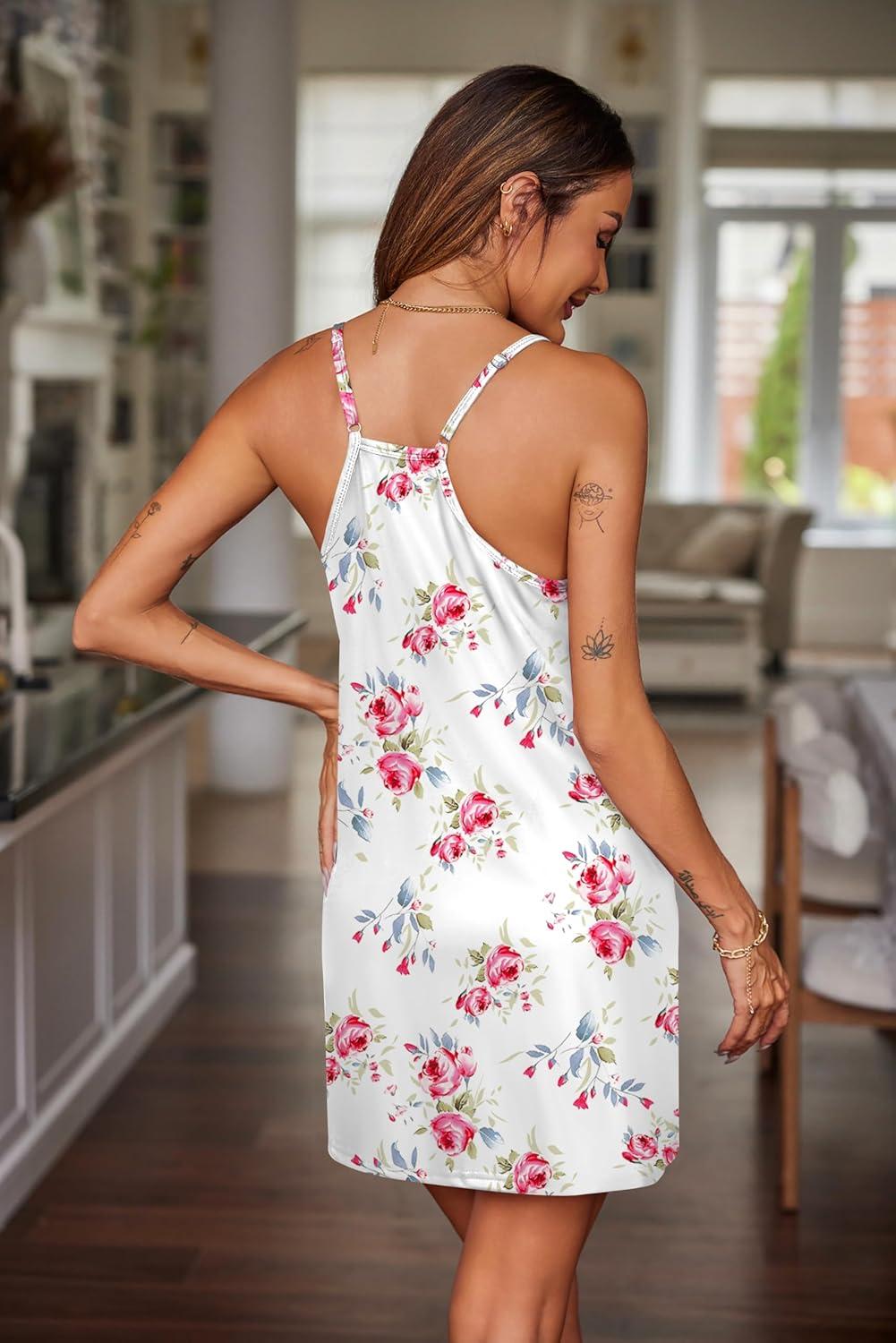 imageEkouaer Nightgowns for Women Cotton Sleepwear Sexy Sleep Shirt Adjustable Spaghetti Strap Night Gowns with Pockets S3XLRose Flower