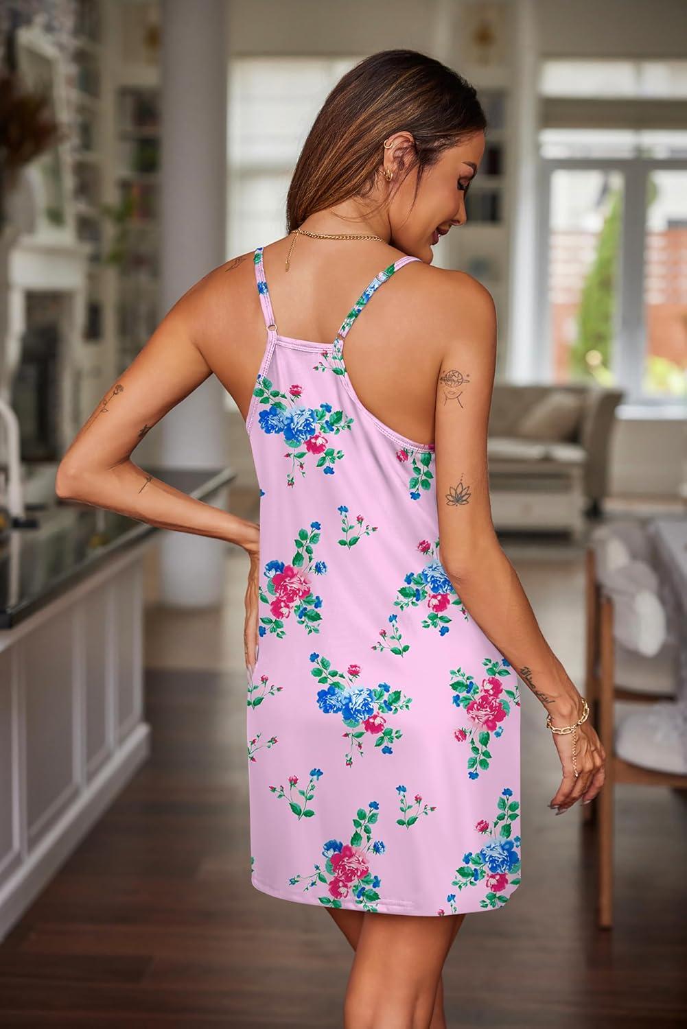 imageEkouaer Nightgowns for Women Cotton Sleepwear Sexy Sleep Shirt Adjustable Spaghetti Strap Night Gowns with Pockets S3XLRose Flowers