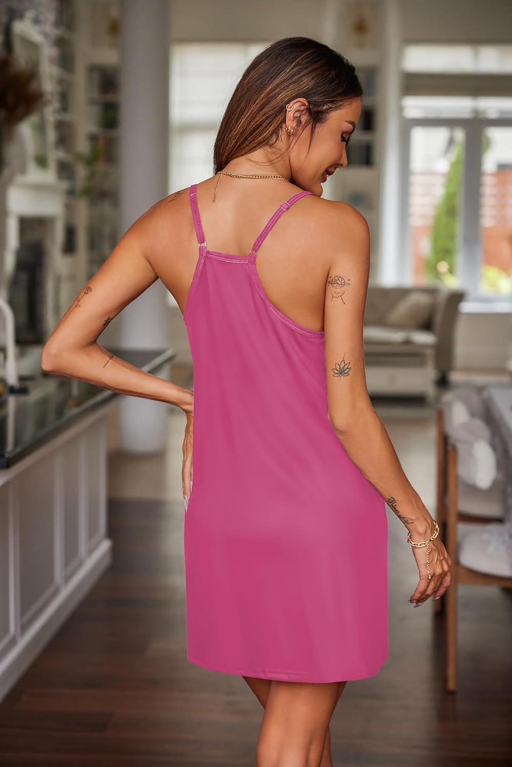 imageEkouaer Nightgowns for Women Cotton Sleepwear Sexy Sleep Shirt Adjustable Spaghetti Strap Night Gowns with Pockets S3XLRose Red