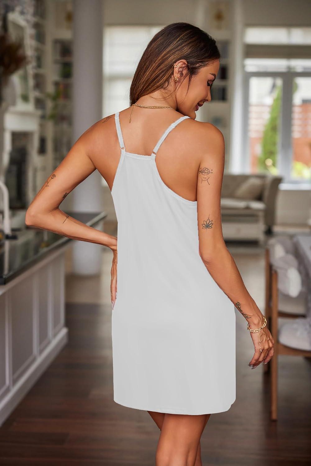 imageEkouaer Nightgowns for Women Cotton Sleepwear Sexy Sleep Shirt Adjustable Spaghetti Strap Night Gowns with Pockets S3XLWhite