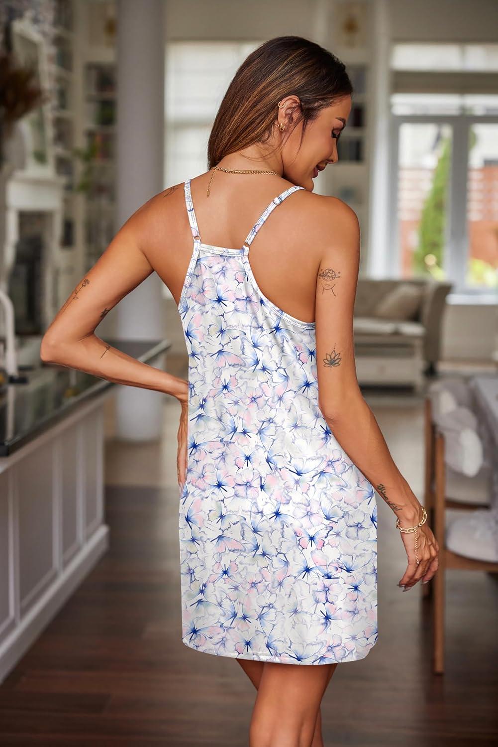 imageEkouaer Nightgowns for Women Cotton Sleepwear Sexy Sleep Shirt Adjustable Spaghetti Strap Night Gowns with Pockets S3XLWhite Butterfly