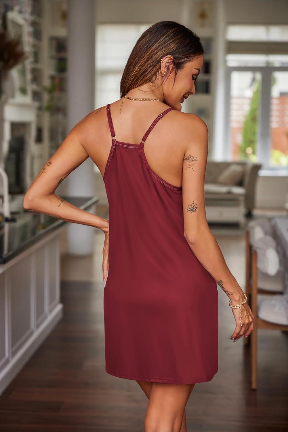 imageEkouaer Nightgowns for Women Cotton Sleepwear Sexy Sleep Shirt Adjustable Spaghetti Strap Night Gowns with Pockets S3XLWine Red
