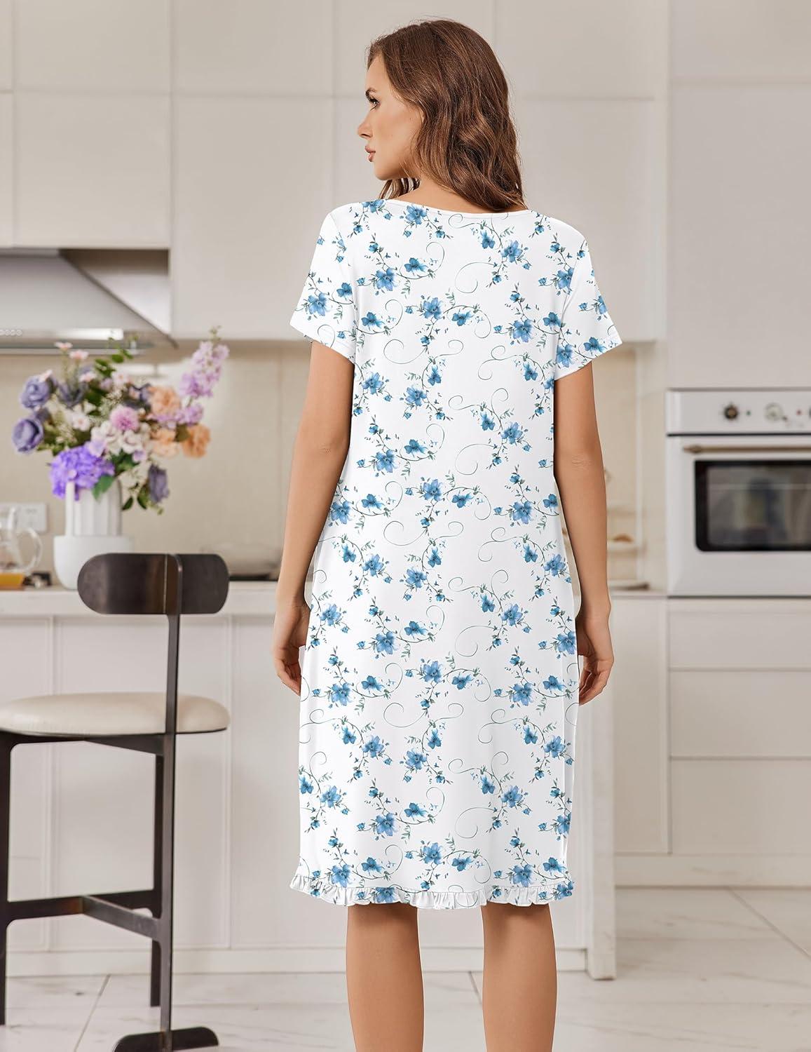 imageEkouaer Nightgowns for Women with Pockets Button Front Short Sleeve House Dresses Floral Print Mumu DressBlue Floral