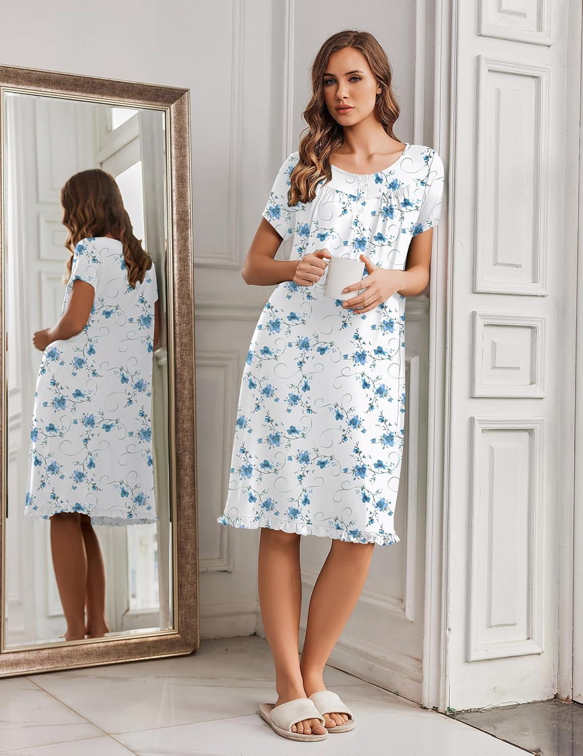 imageEkouaer Nightgowns for Women with Pockets Button Front Short Sleeve House Dresses Floral Print Mumu DressBlue Floral