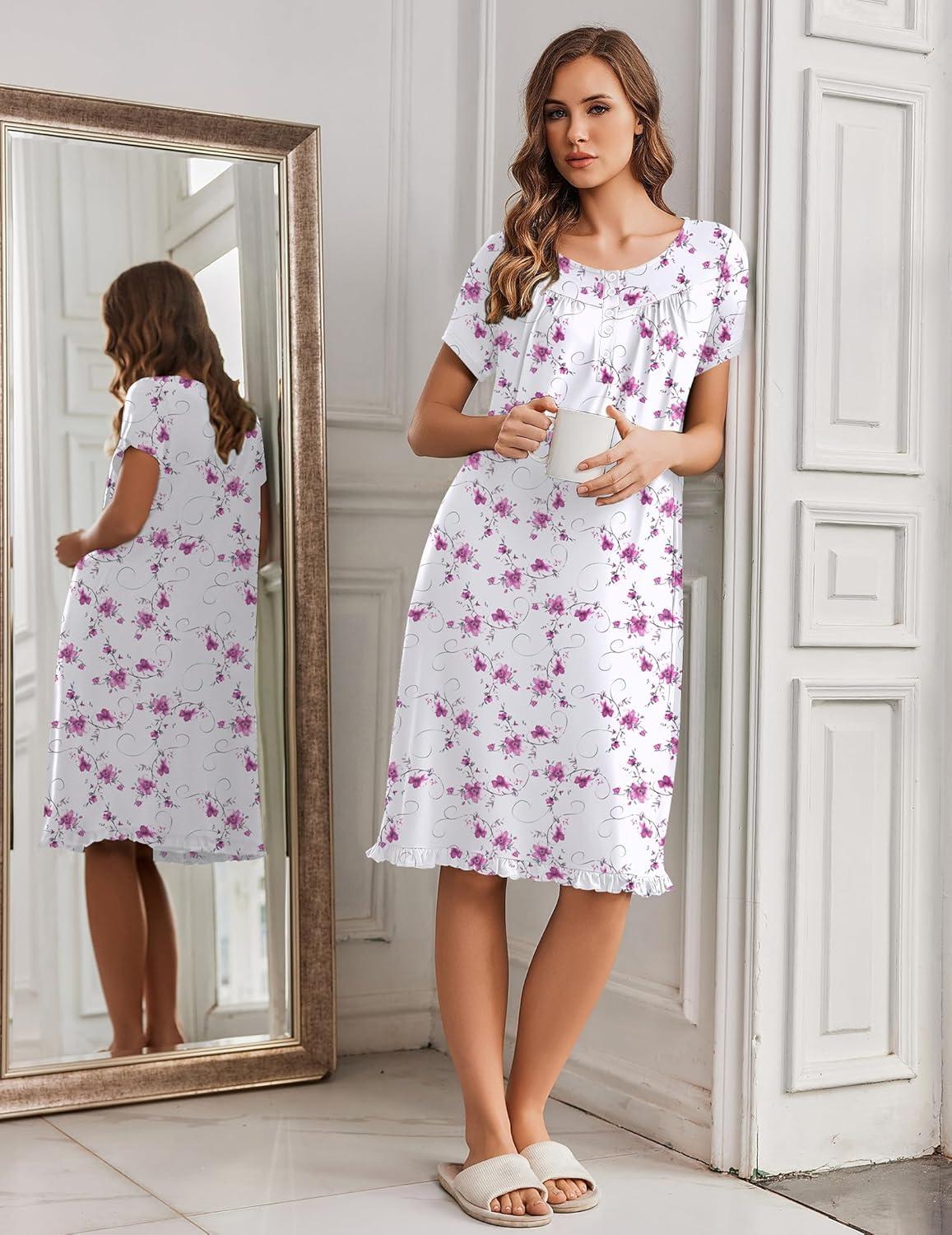 imageEkouaer Nightgowns for Women with Pockets Button Front Short Sleeve House Dresses Floral Print Mumu DressPink Floral