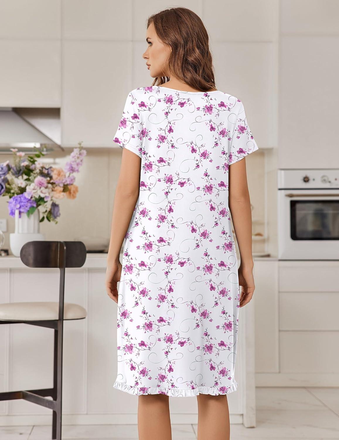 imageEkouaer Nightgowns for Women with Pockets Button Front Short Sleeve House Dresses Floral Print Mumu DressPink Floral