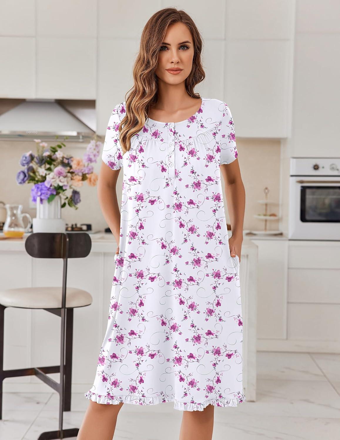 imageEkouaer Nightgowns for Women with Pockets Button Front Short Sleeve House Dresses Floral Print Mumu DressPink Floral