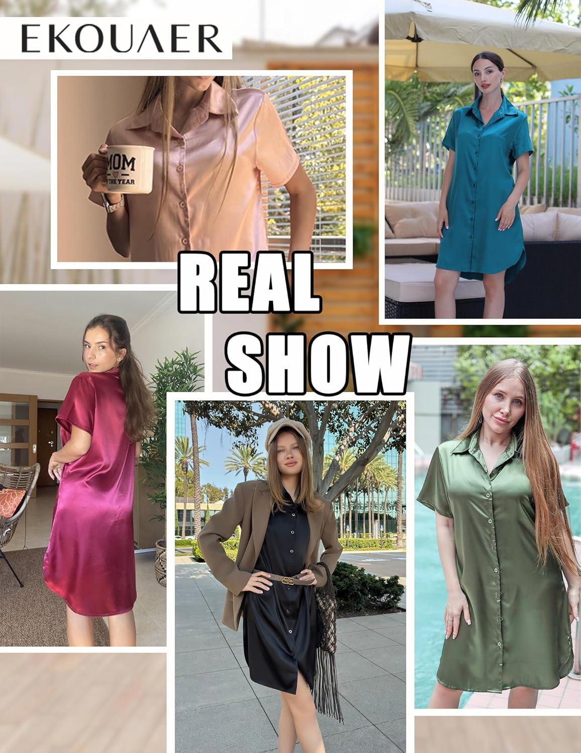 imageEkouaer Satin Nightshirt for Women Button Down Nightgown Silk Short Sleeve Sleepshirt Notch Collar Sleepwear S3XLArmy Green