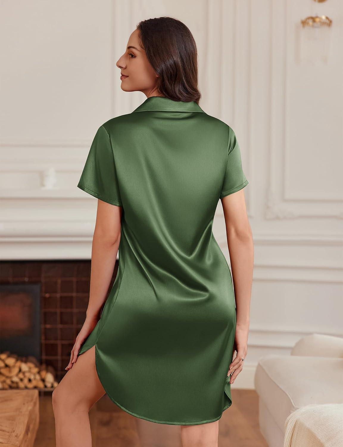 imageEkouaer Satin Nightshirt for Women Button Down Nightgown Silk Short Sleeve Sleepshirt Notch Collar Sleepwear S3XLArmy Green