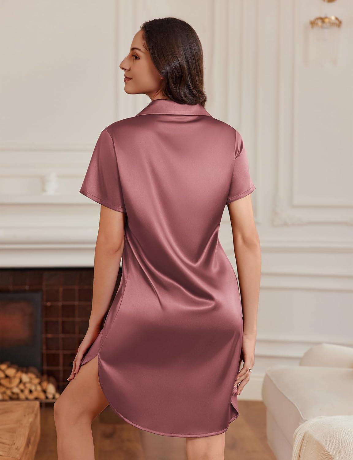 imageEkouaer Satin Nightshirt for Women Button Down Nightgown Silk Short Sleeve Sleepshirt Notch Collar Sleepwear S3XLRosewood Taupe
