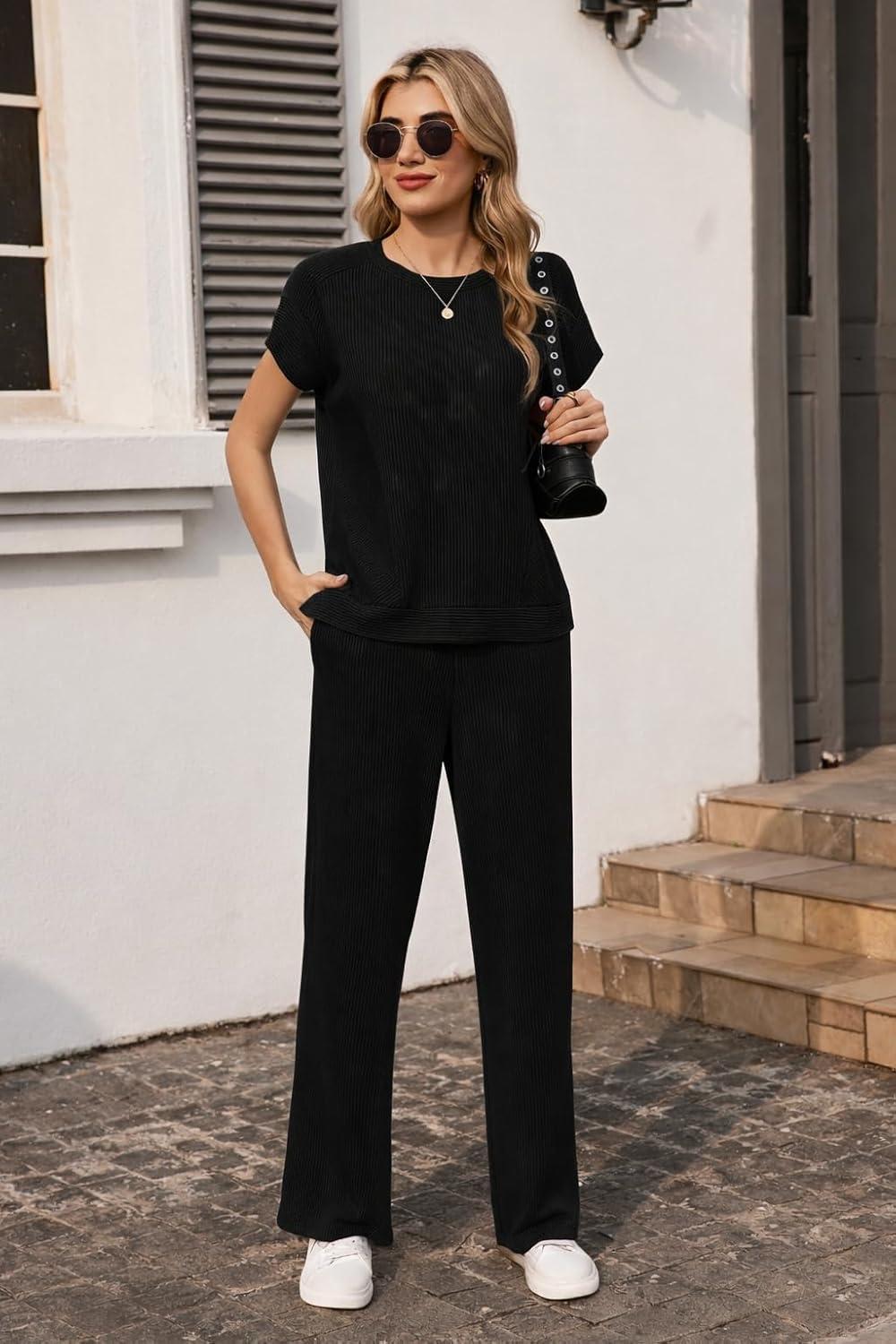 imageEkouaer Two Piece Sets for Women 2026 Travel Outfits Short Sleeve Top Wide Leg Pants Rib Tracksuits Summer Fashion Lounge SetBlack