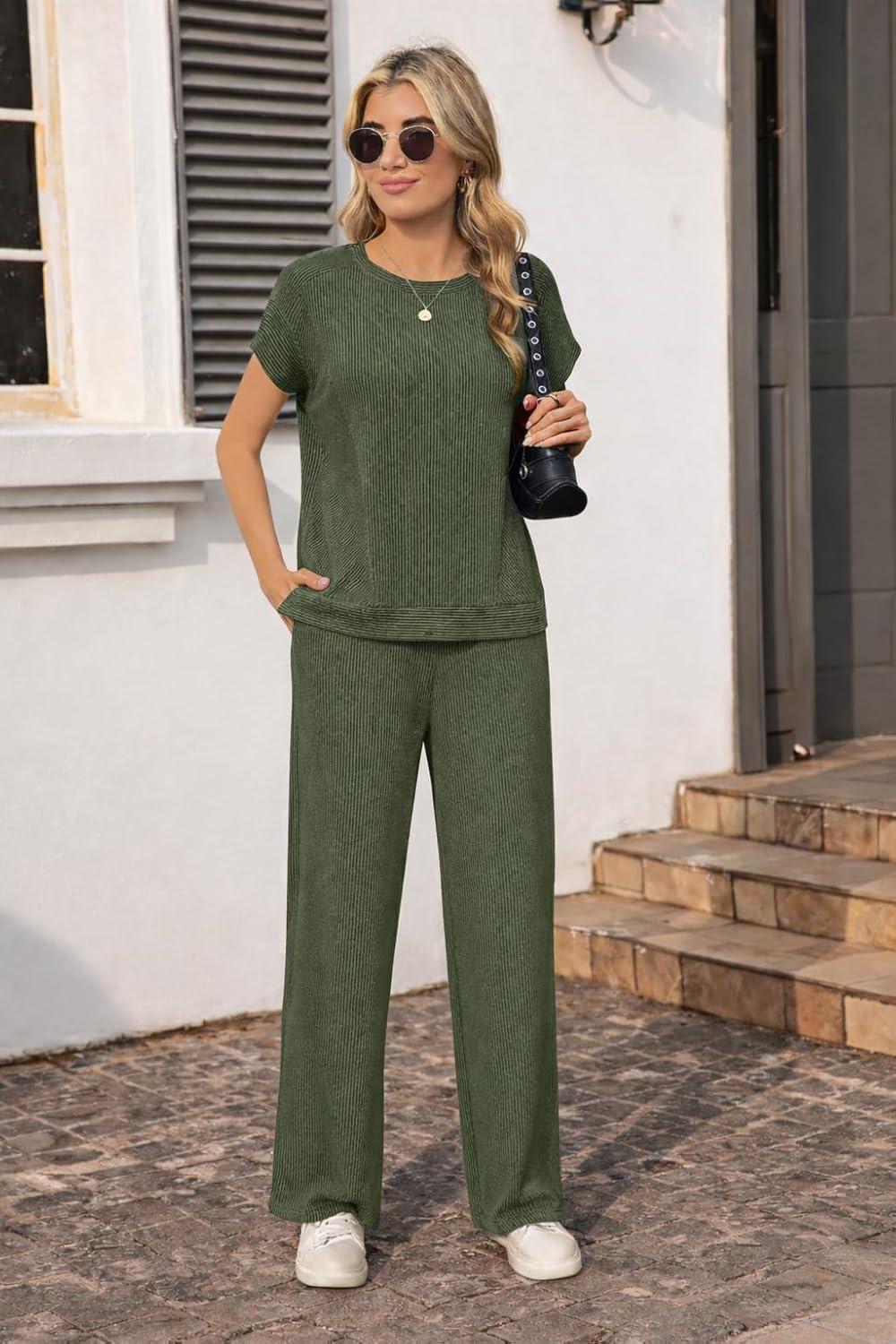 imageEkouaer Two Piece Sets for Women 2026 Travel Outfits Short Sleeve Top Wide Leg Pants Rib Tracksuits Summer Fashion Lounge SetDark Olive Green