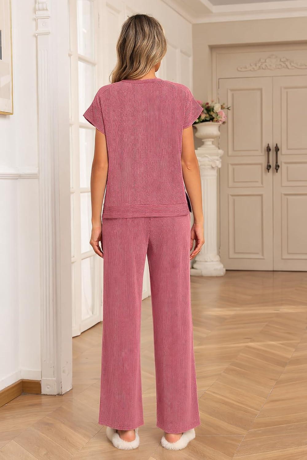 imageEkouaer Two Piece Sets for Women 2026 Travel Outfits Short Sleeve Top Wide Leg Pants Rib Tracksuits Summer Fashion Lounge SetDark Pink