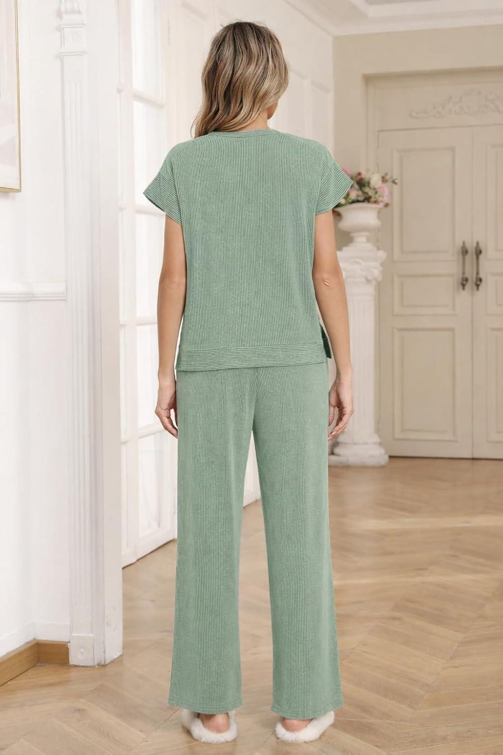 imageEkouaer Two Piece Sets for Women 2026 Travel Outfits Short Sleeve Top Wide Leg Pants Rib Tracksuits Summer Fashion Lounge SetGlacial Green