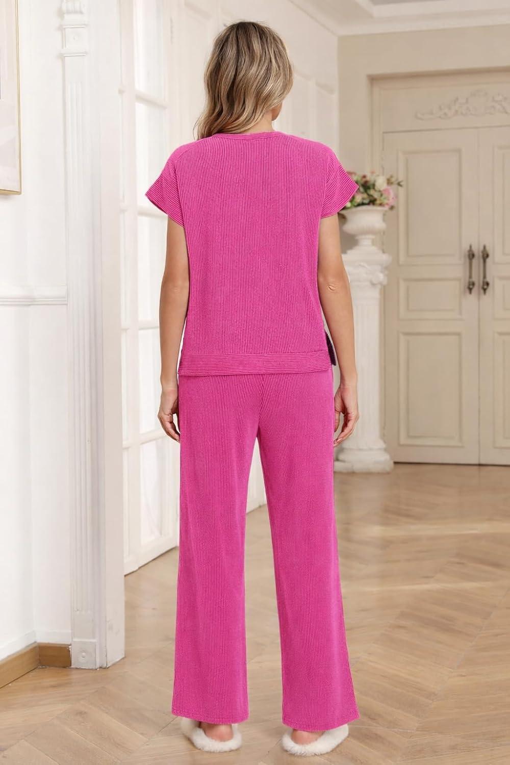 imageEkouaer Two Piece Sets for Women 2026 Travel Outfits Short Sleeve Top Wide Leg Pants Rib Tracksuits Summer Fashion Lounge SetHot Pink