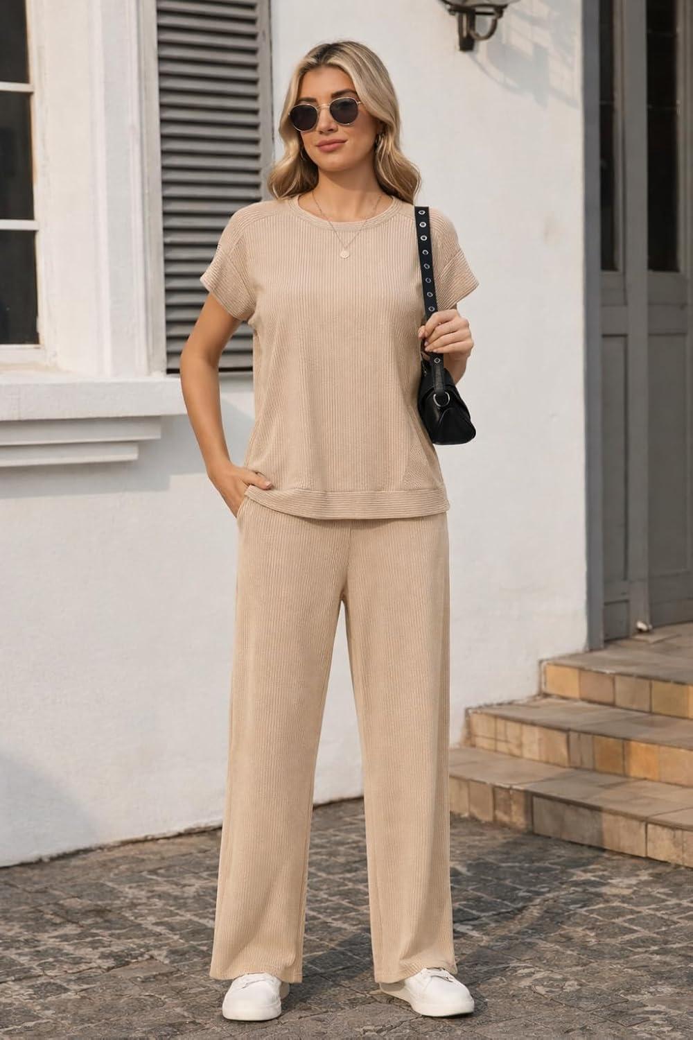 imageEkouaer Two Piece Sets for Women 2026 Travel Outfits Short Sleeve Top Wide Leg Pants Rib Tracksuits Summer Fashion Lounge SetLight Khaki