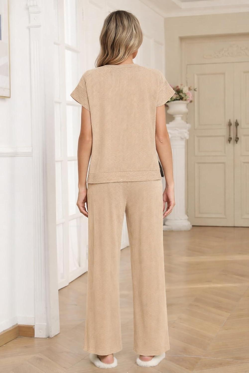 imageEkouaer Two Piece Sets for Women 2026 Travel Outfits Short Sleeve Top Wide Leg Pants Rib Tracksuits Summer Fashion Lounge SetLight Khaki