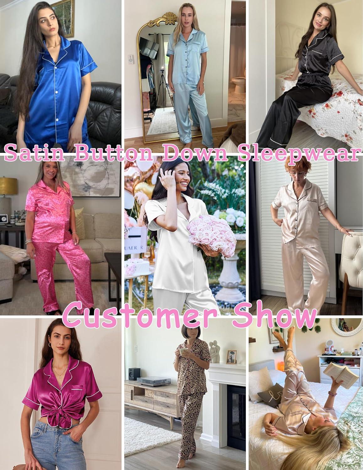 imageEkouaer Womens Silky Satin Pajamas Set Short Sleeve Button Down Sleepwear 2 Piece Lounge Set Pj SetChampagne