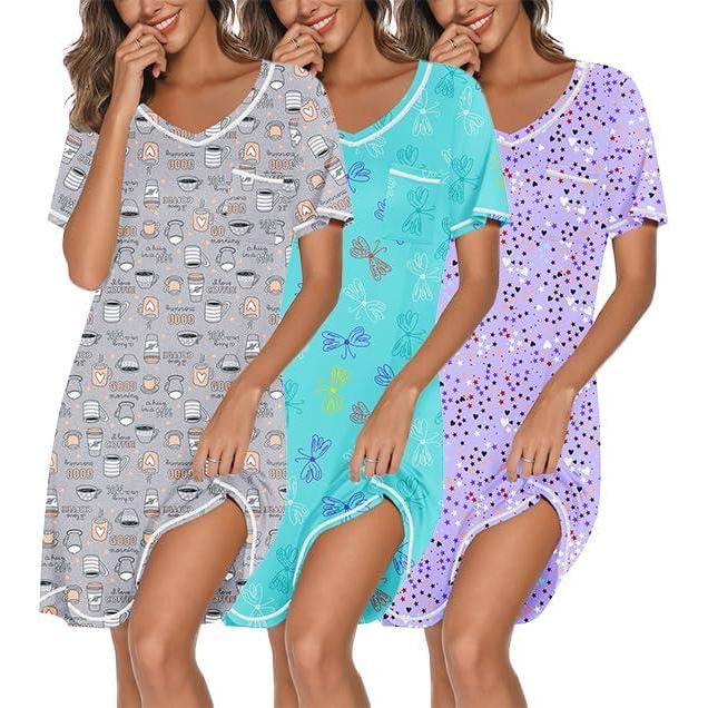 imageEkouaer 3 Pack Nightgowns for Women Short Sleeve Sleep Shirts T Shirt Night Gown V Neck Nightshirts Soft Sleepwear DressCoffee CupBlue PrintPurple Stars