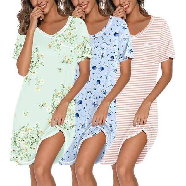 imageEkouaer 3 Pack Nightgowns for Women Short Sleeve Sleep Shirts T Shirt Night Gown V Neck Nightshirts Soft Sleepwear DressLittle DaisyBlue StarsPink Stripes