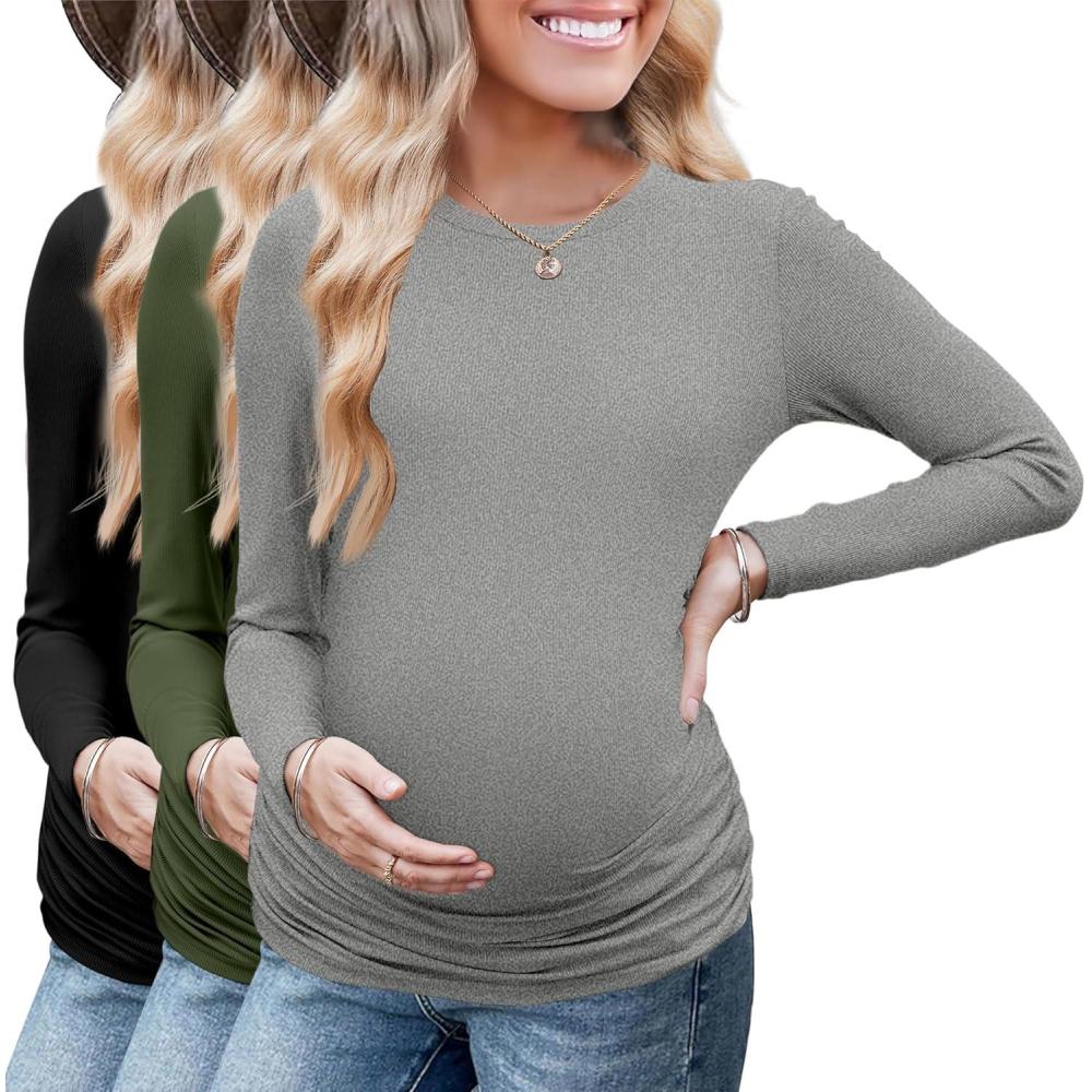 imageEkouaer Maternity Long Sleeve Shirt 3Packs Round Neck Pregnancy Tops Casual Tee Top ShirtsBlackArmy GreenDgrey Textile