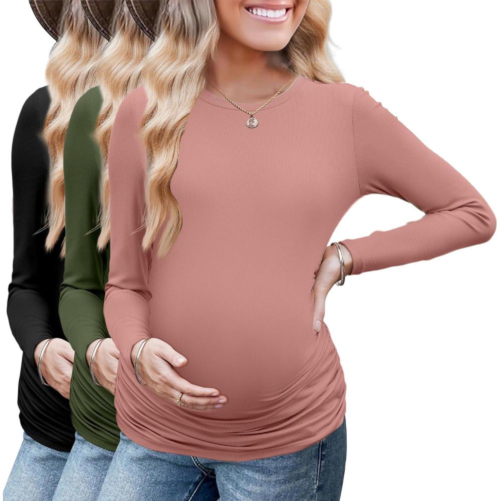 imageEkouaer Maternity Long Sleeve Shirt 3Packs Round Neck Pregnancy Tops Casual Tee Top ShirtsBlackCoupled PinkArmy Green