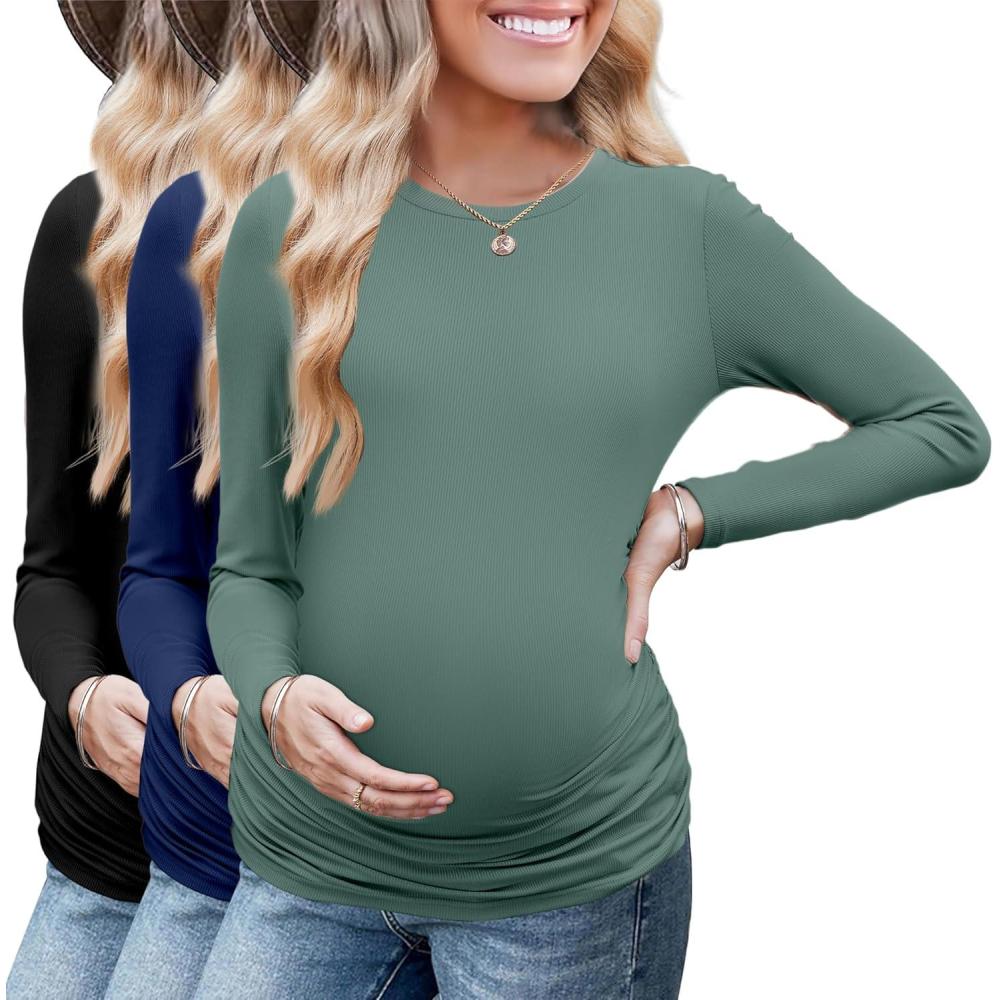 imageEkouaer Maternity Long Sleeve Shirt 3Packs Round Neck Pregnancy Tops Casual Tee Top ShirtsBlackNavyGrassgray Green