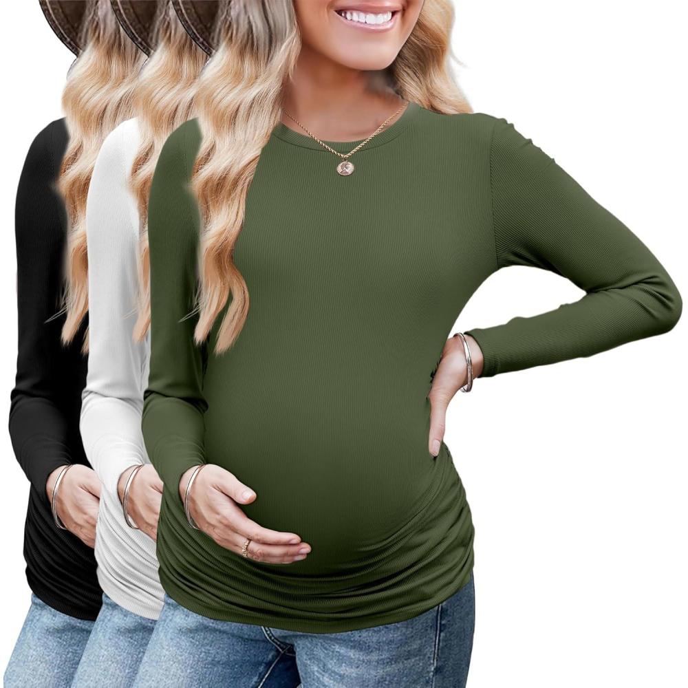 imageEkouaer Maternity Long Sleeve Shirt 3Packs Round Neck Pregnancy Tops Casual Tee Top ShirtsBlackWhiteArmy Green