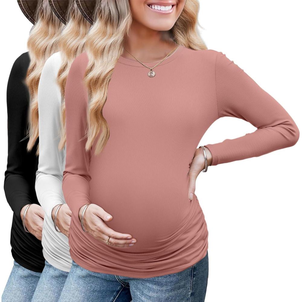 imageEkouaer Maternity Long Sleeve Shirt 3Packs Round Neck Pregnancy Tops Casual Tee Top ShirtsBlackWhiteCoupled Pink