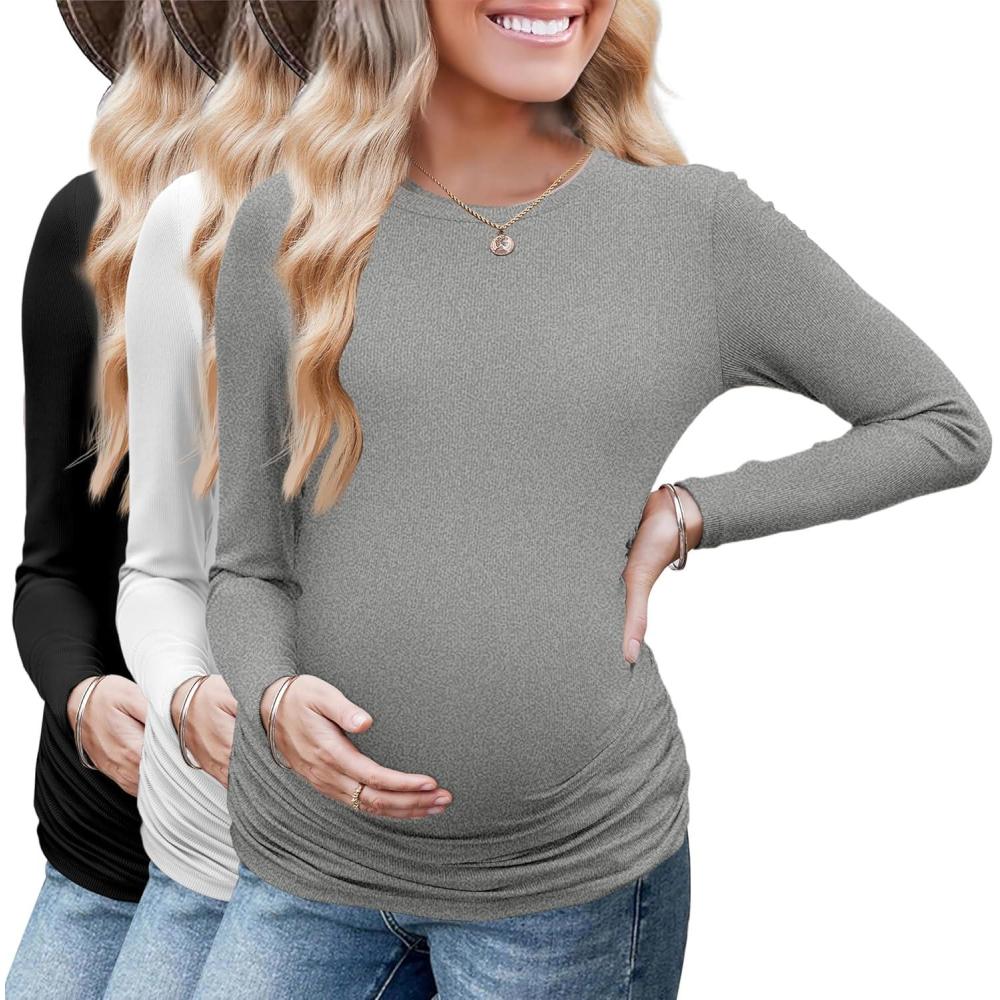 imageEkouaer Maternity Long Sleeve Shirt 3Packs Round Neck Pregnancy Tops Casual Tee Top ShirtsBlackWhiteDgrey Textile
