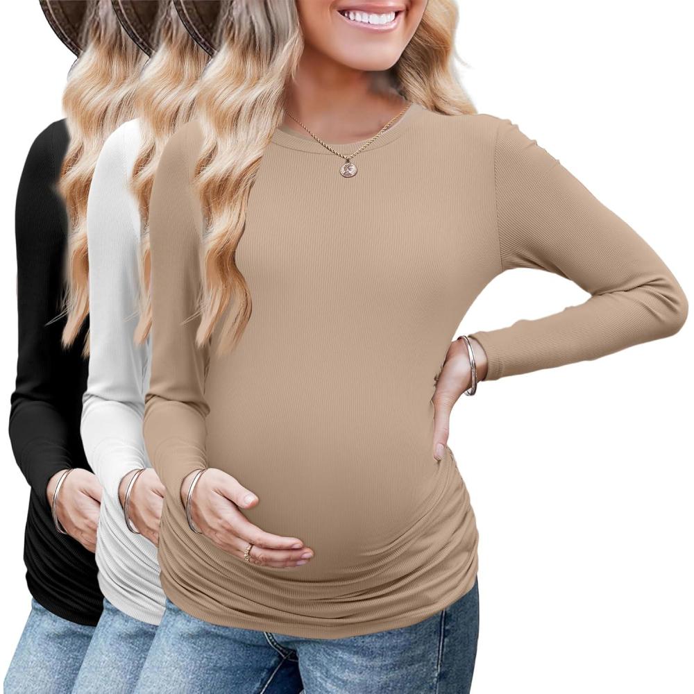 imageEkouaer Maternity Long Sleeve Shirt 3Packs Round Neck Pregnancy Tops Casual Tee Top ShirtsBlackWhiteKhaki