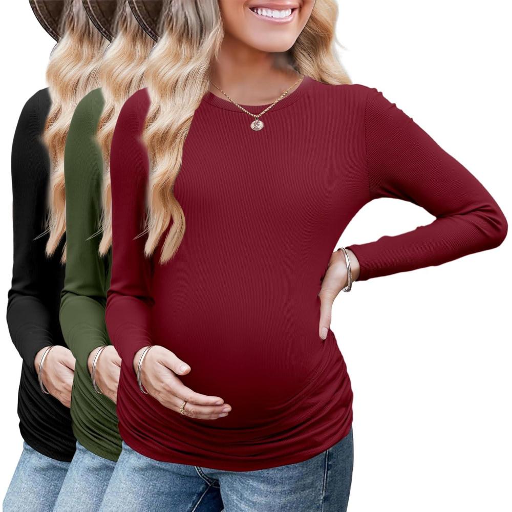 imageEkouaer Maternity Long Sleeve Shirt 3Packs Round Neck Pregnancy Tops Casual Tee Top ShirtsBlackWine RedArmy Green