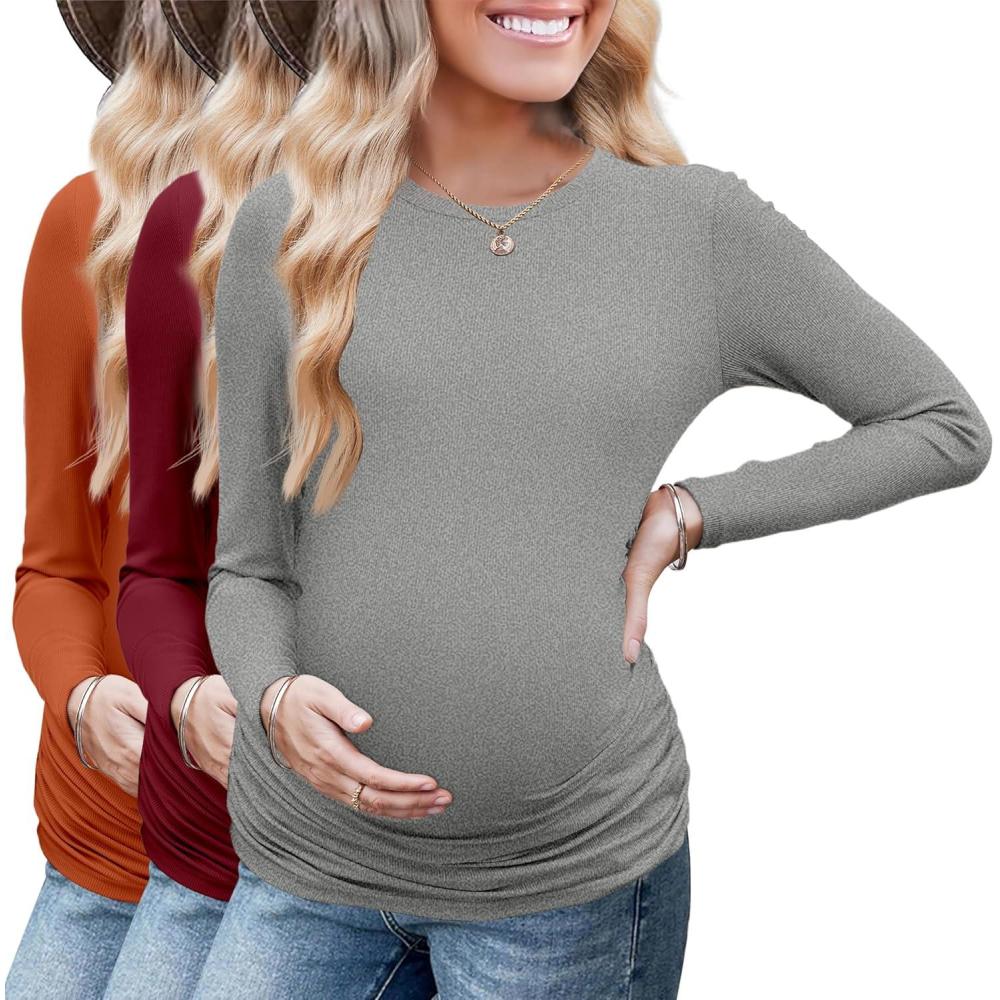 imageEkouaer Maternity Long Sleeve Shirt 3Packs Round Neck Pregnancy Tops Casual Tee Top ShirtsCaramelWine RedDgrey Textile