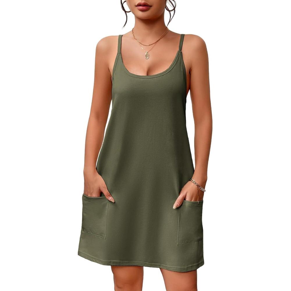 imageEkouaer Nightgowns for Women Cotton Sleepwear Sexy Sleep Shirt Adjustable Spaghetti Strap Night Gowns with Pockets S3XLArmy Green