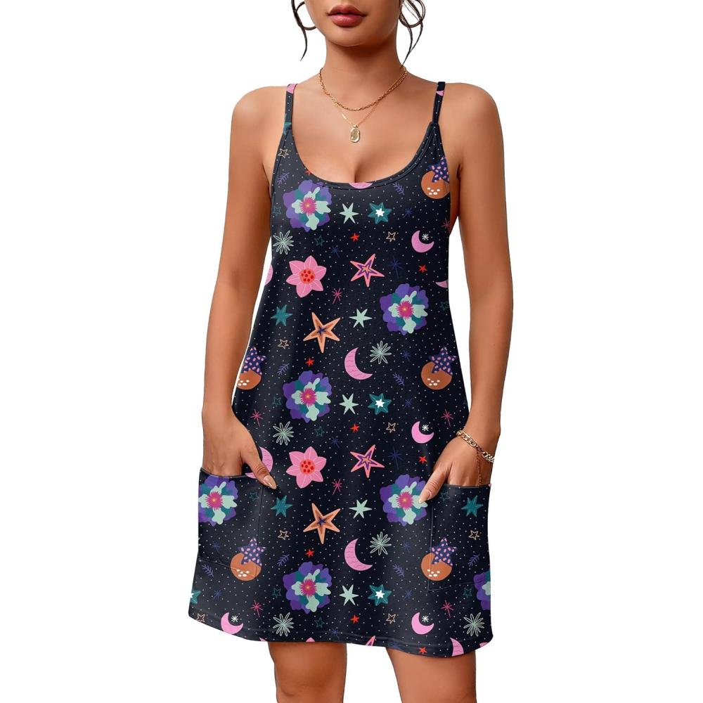 imageEkouaer Nightgowns for Women Cotton Sleepwear Sexy Sleep Shirt Adjustable Spaghetti Strap Night Gowns with Pockets S3XLBlack Flowers