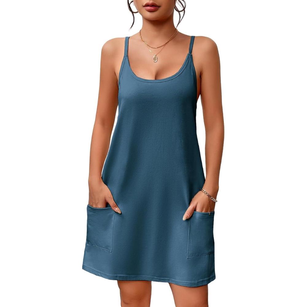 imageEkouaer Nightgowns for Women Cotton Sleepwear Sexy Sleep Shirt Adjustable Spaghetti Strap Night Gowns with Pockets S3XLBlue Green