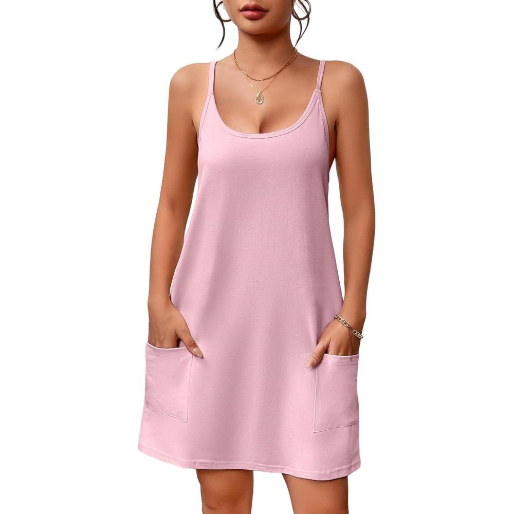 imageEkouaer Nightgowns for Women Cotton Sleepwear Sexy Sleep Shirt Adjustable Spaghetti Strap Night Gowns with Pockets S3XLDark Pink