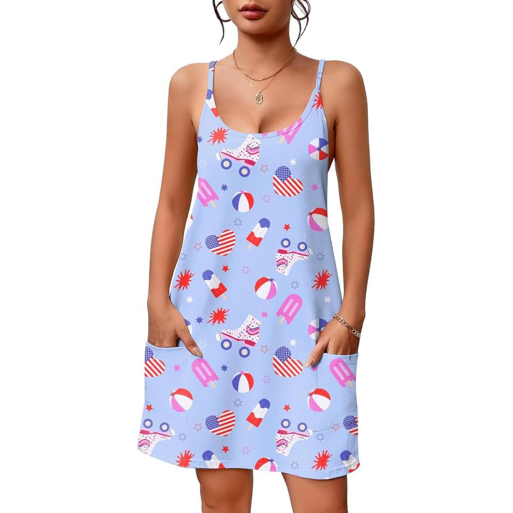 imageEkouaer Nightgowns for Women Cotton Sleepwear Sexy Sleep Shirt Adjustable Spaghetti Strap Night Gowns with Pockets S3XLFlag