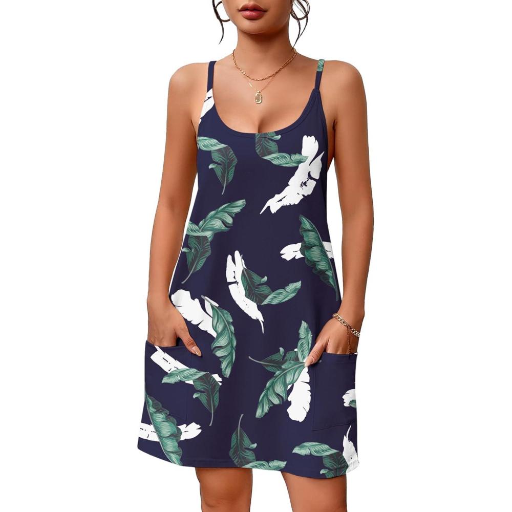 imageEkouaer Nightgowns for Women Cotton Sleepwear Sexy Sleep Shirt Adjustable Spaghetti Strap Night Gowns with Pockets S3XLGreen Blue Leaf